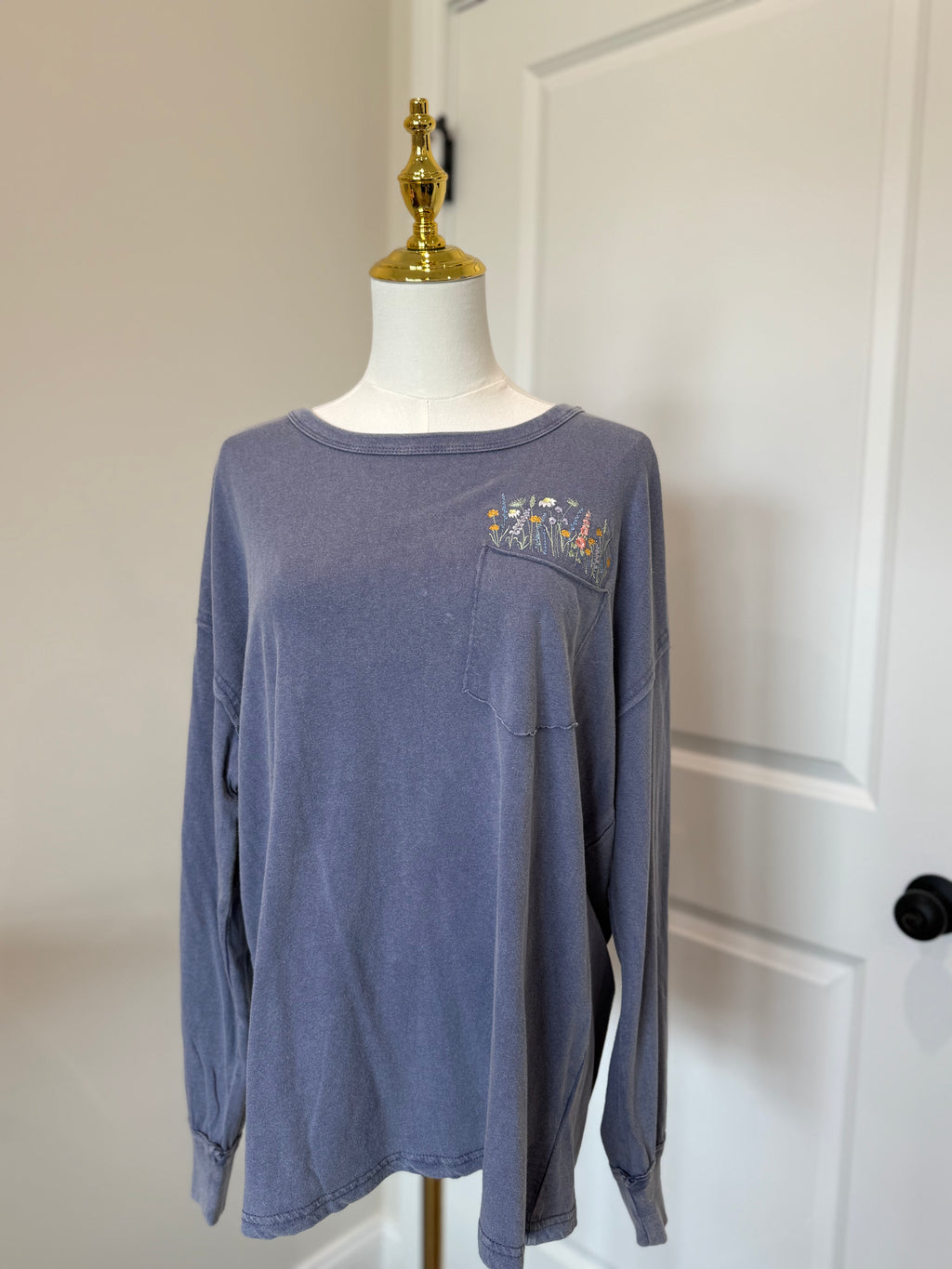 Blue Floral Pocket Long Sleeve
