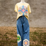 Quilt Patch Wide Leg Drawstring Jeans