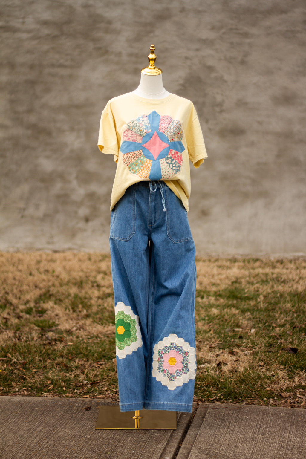 Quilt Patch Wide Leg Drawstring Jeans