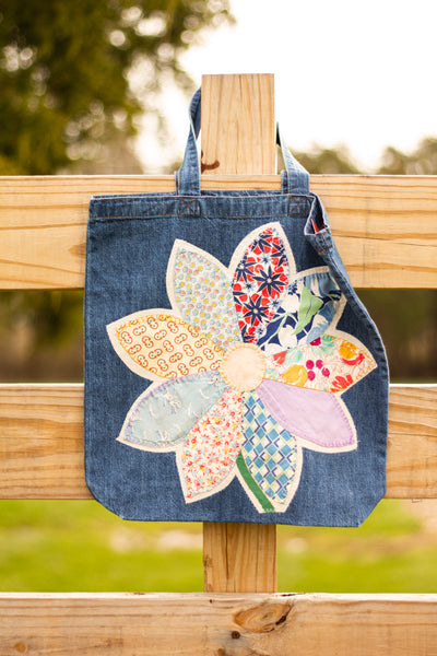 Denim Quilt Flower Tote Bag