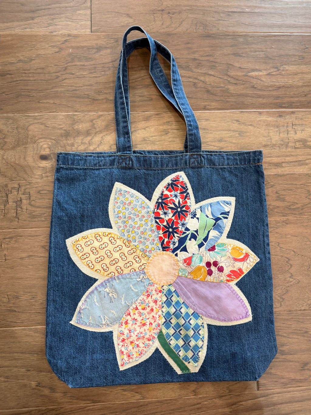 Denim Quilt Flower Tote Bag